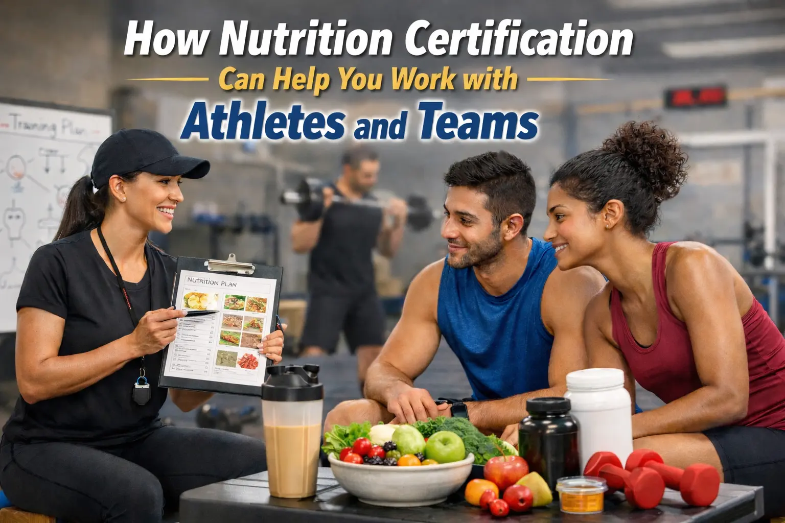 Nutrition certification expert guiding athletes and teams with personalized diet plan and performance nutrition in gym setting