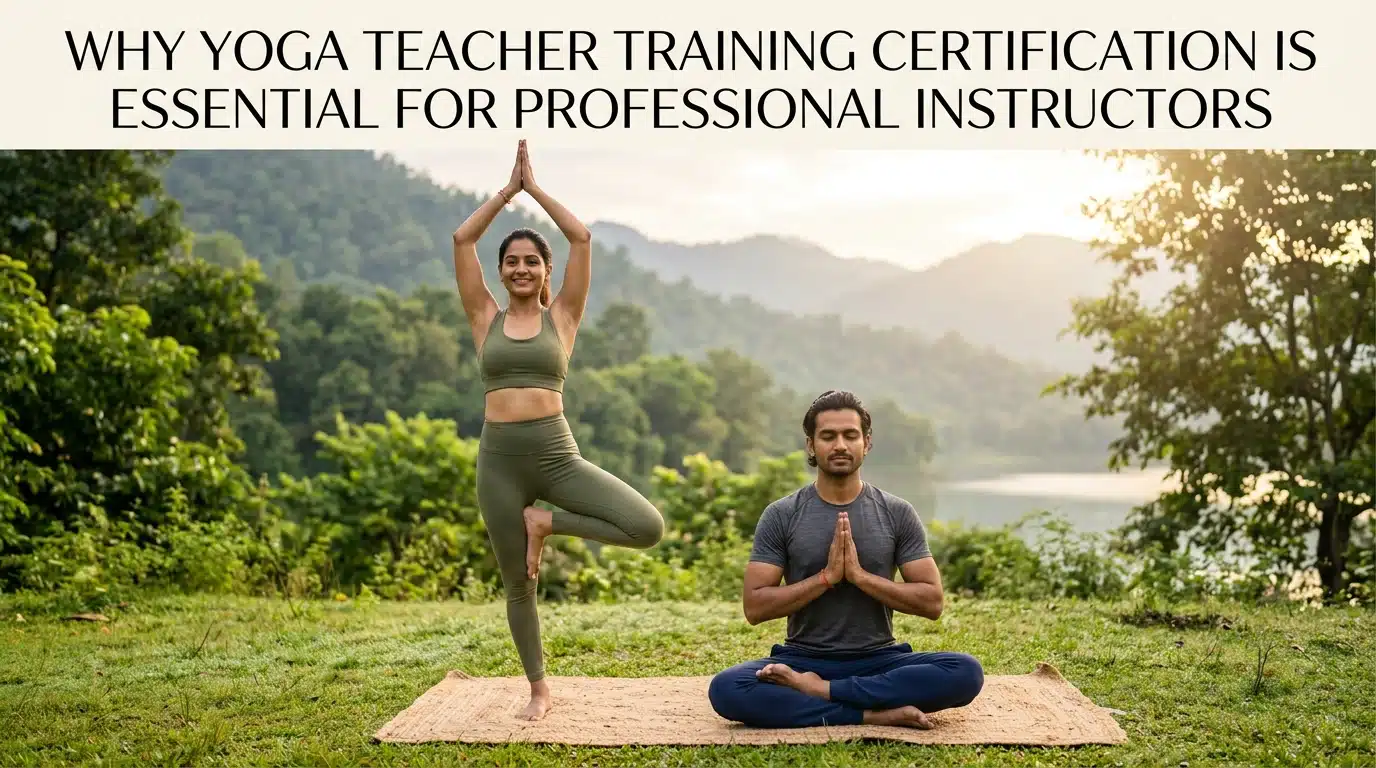 Yoga teacher training certification session with professional instructors practicing yoga poses in natural outdoor setting
